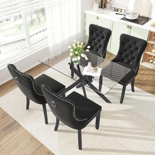 Vista 2 de Juego de mesa de comedor de 51 pulgadas de vidrio para 4, mesa de cocina rectangular de vidrio con 4 sillas tapizadas con acentos de terciopelo