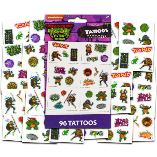 Vista 2 de T M N T Juego de calcomanías y tatuajes de tortugas ninja mutantes adolescentes ~ Paquete con calcomanías TMNT y tatuajes para niños