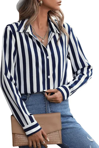 Vista 4 de SweatyRocks Blusa casual de manga larga con cuello frontal y botones a rayas para mujer