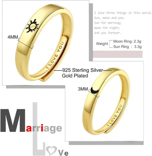 Vista 6 de Beydodo Anillos de plata 925 personalizados ajustables con sol y luna a juego grabados I LOVE YOU Anillos para parejas Anillos de boda