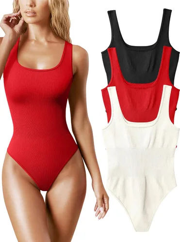 Vista 20 de OQQ Body de 3 piezas para mujer, sexy, acanalado, sin mangas, cuello cuadrado, camiseta sin mangas, leotardo, trajes de moda 2025 negro azul blanco