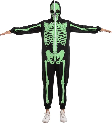 Vista 5 de Spooktacular Creations Mono de esqueleto para adultos, pijama para hombre, que brilla en la oscuridad, con cremallera, disfraces con capucha