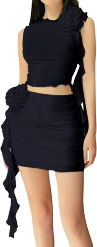 Vista 7 de ISZPLUSH Y2k - Vestido corto sexy de 2 piezas para mujer, diseño floral 3D, sin tirantes, con borlas y volantes, vestido de fiesta, club, ropa