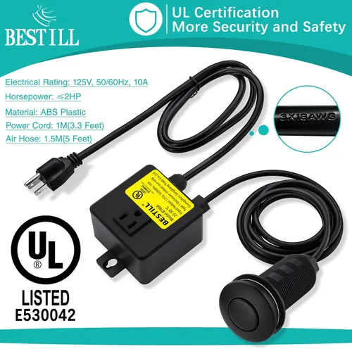 Vista 4 de BESTILL Kit de interruptor de aire para eliminación de basura, certificación UL, botón largo superior del fregadero con cubierta de latón, negro