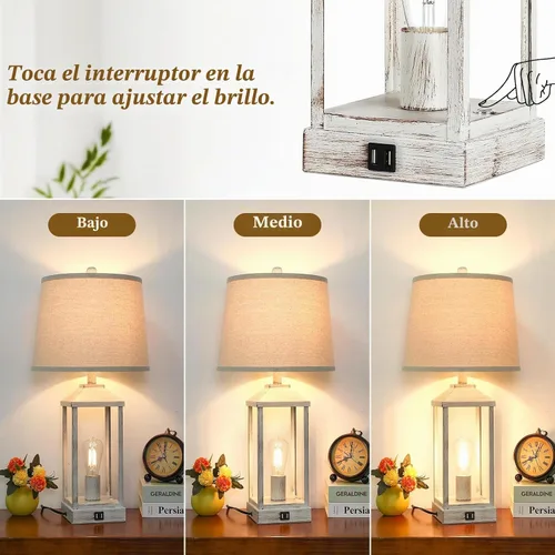 Vista 2 de Juego de 2 lámparas de mesa de granja de 28 pulgadas para sala de estar, lámpara de noche regulable de 3 vías con puertos USB, lámparas de mesa