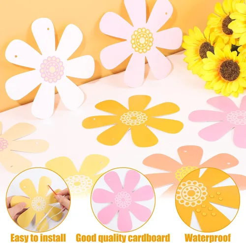 Vista 4 de Juego de 5 banderines de margaritas con diseño de margaritas bohemias, guirnaldas de papel hippie para fiesta, pancartas de flores coloridas