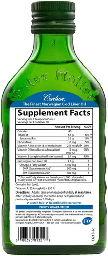 Vista 2 de Carlson Aceite de Hígado de Bacalao, Noruego, Natural, 1,100 mg Omega-3s, 8.5 fl oz
