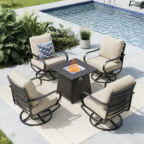 Vista 53 de MFSTUDIO Juego de 4 piezas de conversación para patio, marco de metal para todo tipo de clima, muebles de exterior con 1 mesa rectangular de propano