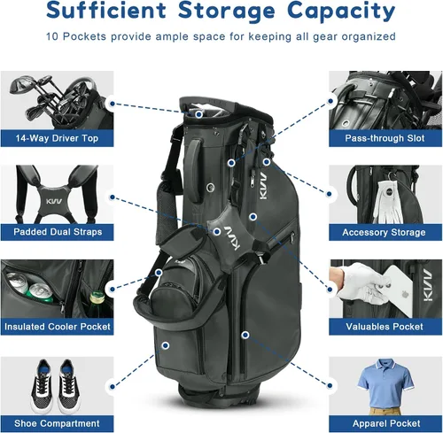 Vista 2 de KVV Bolsa de golf de 14 vías, bolsa de golf híbrida ligera con múltiples bolsillos, correas dobles y cubierta para lluvia, bolsa de golf premium