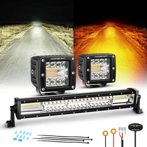 Vista 16 de Auxbeam Cubo luz LED ámbar de 3 pulgadas, 72 W todoterreno, 6 modos dos colores, estroboscópica antiniebla de conducción penetración e inundación