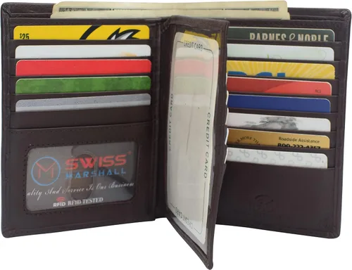Vista 2 de Marshal Billetera de piel auténtica con bloqueo RFID para hombres ranuras para tarjetas, 2 compartimentos para billetes, ventanas de identificación
