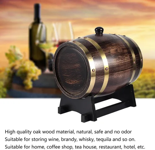 Vista 5 de Barril de whisky de madera, barril de envejecimiento de roble de 3 litros con 4 soportes y grifo, barril de vino tinto para cerveza casera