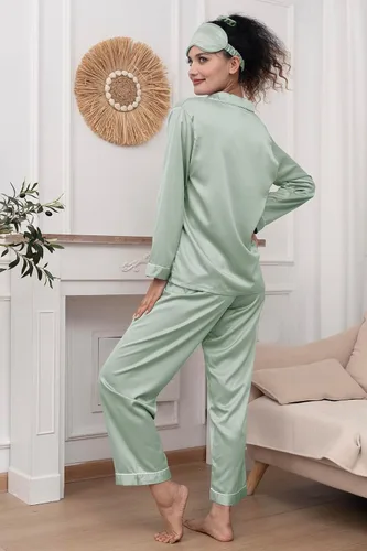 Vista 3 de Conjunto de pijama para mujer, pijama de satén de seda, pijama largo de 2 piezas, con botones, conjunto de pijama para descansar