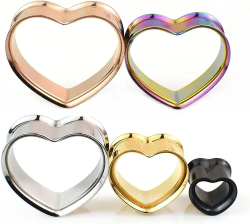 Vista 2 de 10 unidades5 pares de dilatadores de oreja en forma de corazón, tapones de acero inoxidable para estirador de oído, joyería para mujeres y hombres