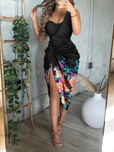 Vista 2 de Vestido sexy de lentejuelas para mujer, cuello en V, sin mangas, fruncido, con abertura, vestido midi para fiesta, cóctel, noche