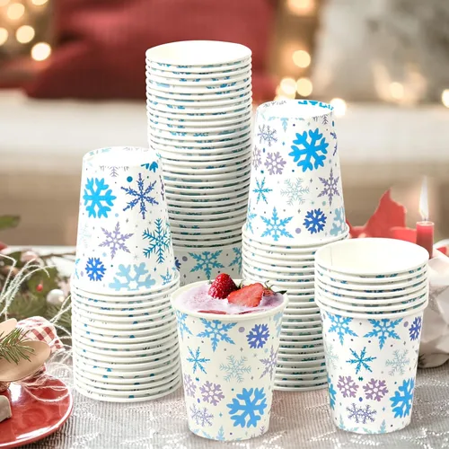 Vista 5 de 100 vasos de papel de copo de nieve de Navidad de 9 onzas, vasos de papel de Navidad, tazas de café desechables de Navidad, tazas de Navidad, vasos