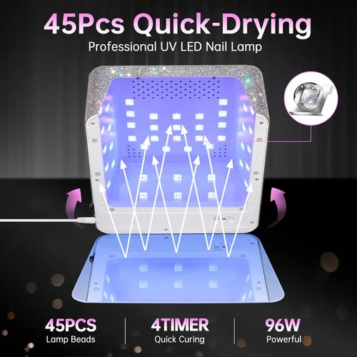 Vista 4 de Lámpara de uñas UV, luz UV de 96 W para uñas de gel, luz de uñas inalámbrica, secadora de uñas recargable, control táctil y sensor automático