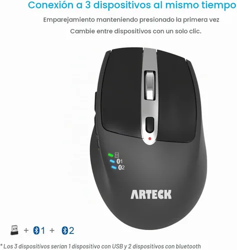 Vista 2 de Arteck Mouse inalámbrico Bluetooth con receptor Nano USB, negro, batería de 4 meses de duración, diseño ergonómico