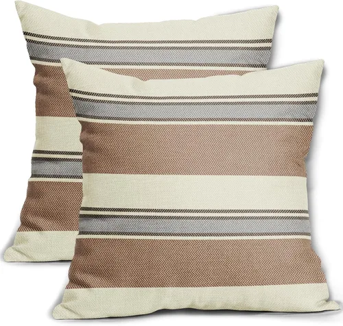 Vista 42 de Juego de 2 fundas de almohada a rayas negras y marrones de 16 x 16 pulgadas, diseño de rayas bohemias con estampado de rayas color crema, fundas