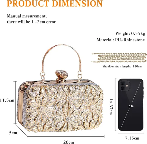 Vista 3 de Bolso de noche con flores de diamantes de imitación para mujer, monedero de lentejuelas brillantes, bolso de mano de cristal, bolso de hombro