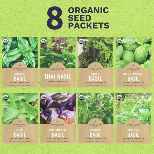 Vista 2 de Paquete variado de semillas de albahaca orgánica, 8 paquetes individuales, temporada 2026, genovesas, tailandesas, limón, griegas, canela y mucho