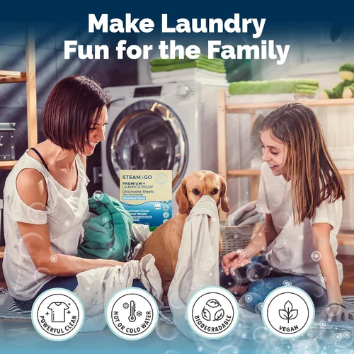Vista 7 de Steam & Go 5 en 1 Premium+ Hojas de detergente solubles para ropa – aroma de hotel boutique, 30 unidades Premium y soluble