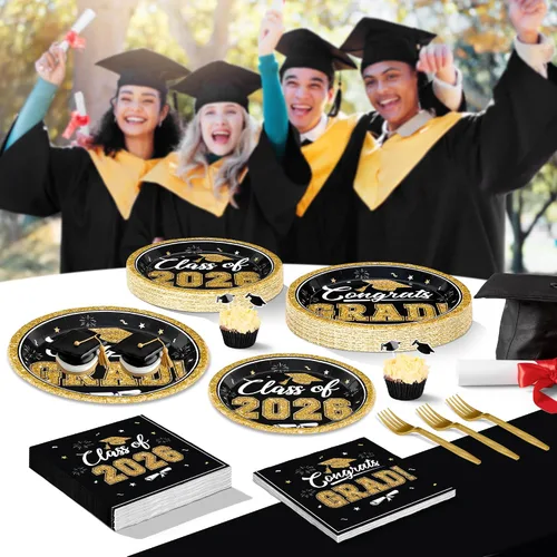 Vista 7 de QZYL 200 suministros para fiesta de graduación 2026, platos y servilletas de graduación negros y dorados, platos de postre desechables y tenedores