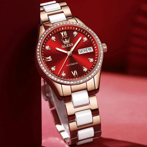 Vista 4 de OLEVS Relojes de mujer de oro rosa, correa de acero inoxidable de cerámica, reloj mecánico automático, calendario puntero luminoso impermeable