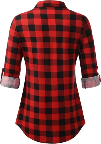 Vista 3 de DJT - Blusa tipo camisa a cuadros para mujer con botones y manga larga arremangada y cuello abotonado