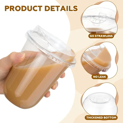 Vista 4 de Paquete de 25 vasos de plástico transparente de 16 onzas con tapas para sorber sin pajilla, desechables para café helado para mascotas, taza