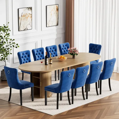 Vista 35 de Mesa de comedor redonda extensible de 94 pulgadas con base de almacenamiento, mesa de comedor expandible natural para 10, mesa de comedor de madera