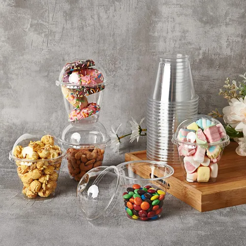 Vista 7 de Lilymicky Paquete de 200 vasos de plástico transparente de 9 onzas con tapas de cúpula, tazas de postre transparentes para helado, café con leche