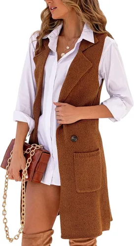Vista 2 de Danedvi Cárdigan con cuello de solapa frontal abierto para mujer, chaleco con botones, suéter largo, cárdigan, ropa de abrigo sólida