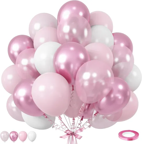 Vista 15 de Globos rosa y dorado, globo de látex rosa claro pastel de 12 pulgadas y blanco arena perla con globo metálico dorado champán beige para princesas
