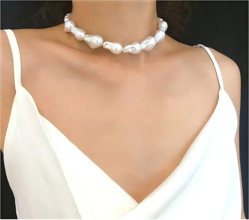 Vista 3 de Cathercing Gargantilla con colgante de perlas irregulares barrocas para mujer, dije vintage, cadena ajustable, simple y elegante, accesorios lindos