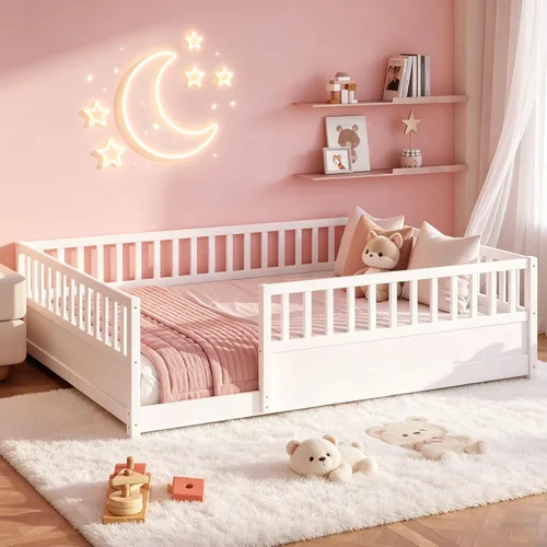 Vista 9 de Bellemave Marco de cama Montessori para niños de tamaño individual con Cerca alta natural