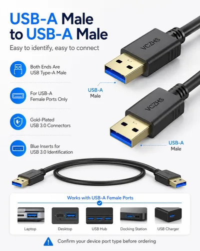 Vista 8 de VCZHS Tech Cable USB a USB de 3.3 pies, USB3.0 tipo A a tipo A macho a macho cable de transferencia de datos de 5 Gbps para almohadilla