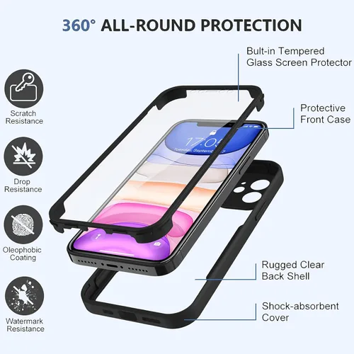 Vista 2 de Funda compatible con iPhone 11, diseño transparente de cuerpo completo con protector de pantalla integrado, a prueba de golpes, antiarañazos, Negro