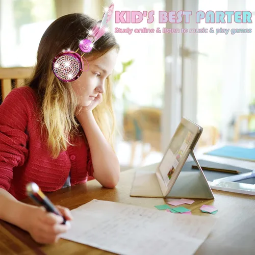 Vista 2 de SVYHUOK Auriculares inalámbricos de oreja de gato para niños con micrófono, auriculares Bluetooth sobre la oreja para la escuela, teléfonos