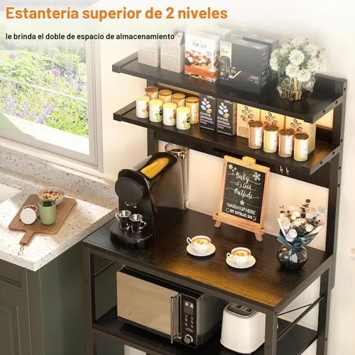 Vista 5 de Aheaplus - Estantería de cocina con toma de corriente, soporte para microondas, estación de café de 5 niveles con luces LED, estante