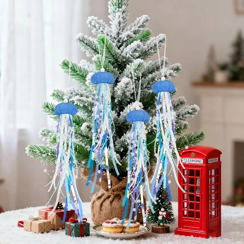 Vista 6 de Adornos de Navidad de Medusas Colgantes 4 Piezas para Adornos de Árbol de Navidad, Fiesta Temática de Sirena y Decoraciones de Fiesta Bajo el Mar