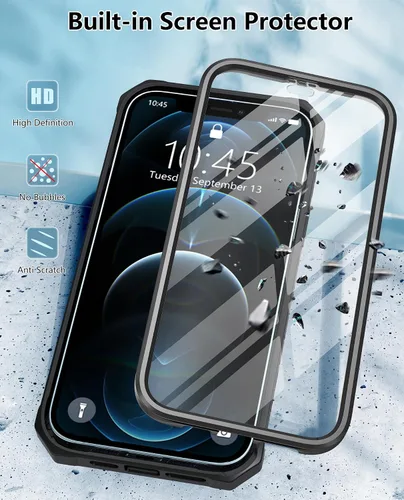 Vista 5 de FNTCASE Funda para iPhone 12-Pro-Max: con protector de pantalla integrado, soporte y funda con clip para cinturón, funda protectora militar