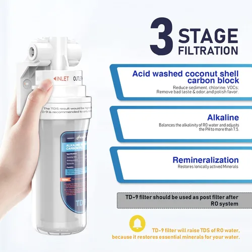Vista 3 de Frizzlife Filtro de agua alcalino TD-9 para debajo del fregadero, filtro de poste de giro rápido para sistema de ósmosis inversa RO, reduce