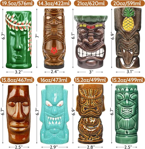Vista 2 de SuproBarware Tiki - Juego de 8 tazas de cerámica hawaiana para fiestas, tazas de bar Tiki para cócteles, tazas tropicales prémium para fiestas