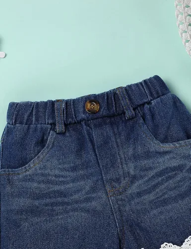 Vista 5 de SEYOUAG Conjunto de 2 piezas de ropa para niña pequeña + pantalones cortos de mezclilla
