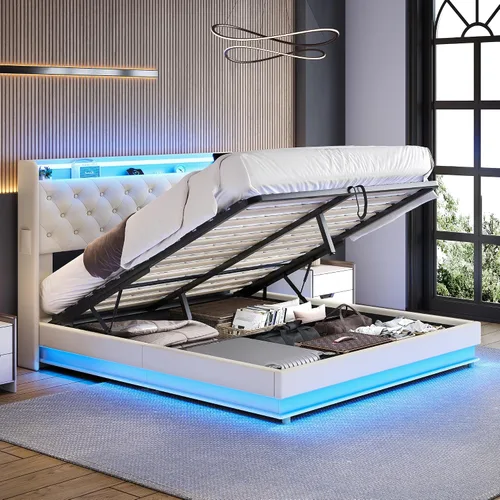 Vista 4 de Ailisite Cama de almacenamiento elevable de tamaño matrimonial, cama de plataforma tapizada con cabecera de almacenamiento con botones capitoné