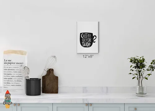 Vista 2 de HB Art Design Taza de café antes de talkie en blanco y negro, arte de pared, decoración de cafetería, decoración de pared de cocina, comedor