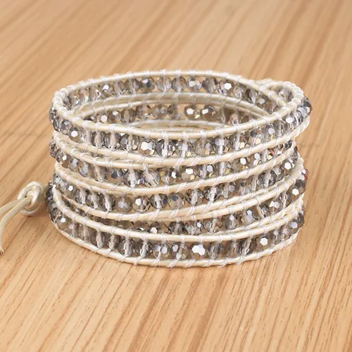 Vista 4 de KELITCH Pulsera de 5 envolturas con cuentas de cristal gris de moda, pulseras de amistad de cuero, joyería para mujer, Cristal, Ágata