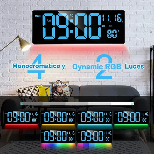 Vista 2 de XREXS Reloj de pared digital con pantalla grande, reloj de pared LED de 16.5 pulgadas con 6 luces nocturnas que cambian de color, DST automático