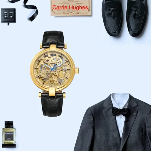 Vista 6 de Reloj automático para hombre, estilo Steampunk, de bronce, esqueleto de cuero, reloj de pulsera de cuerda automática CH8160G, CH8160G, moda, casual